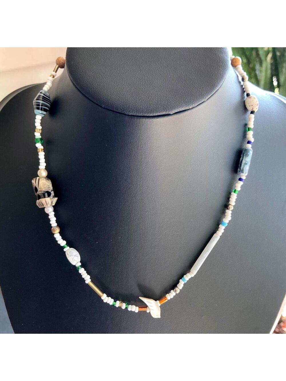 Hand-carved Shell & Stone Fish & Elephant Seed Bead & Molded Glass Necklace